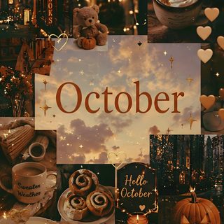 a collage of photos with the words october written on it and pumpkins, books, candles, and other items October Halloween It Works, Creative And Aesthetic Development, saddle brown