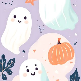 three ghostes with pumpkins, leaves and stars in the background on a purple background Iphone Iphone Cute Halloween gainsboro