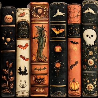 a row of old books with halloween decorations and bats on them, lined up against a black background Halloween Bookshelf Halloween Spooky Books Library, Halloween Laptop, Halloween Desktop Aesthetic, dark olive green