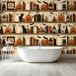 a bathroom decorated for halloween with pumpkins and books on the shelves behind the bathtub Halloween Themed Bathroom tan