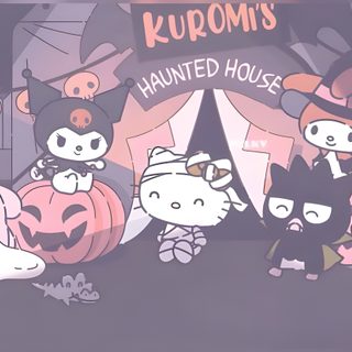 an animated halloween scene with cats, dogs and pumpkins in front of a sign that says kurom's haunted house Aesthetic Sanrio Halloween Computar, Cute Sanrio Desktop, Halloween For Tablet, Halloween Aesthetic Ipad, gray