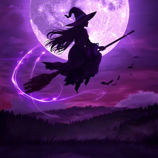 a witch riding on a broom in front of a full moon Halloween Witch Iphone Forest Witch, Witch Inspiration, Magic Witch, Spooky Sunset Painting, indigo
