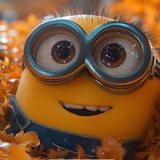 a close up of a minion with goggles on in the grass and leaves Minion Halloween Desktop Minions Cute, Fall Minion, Minion Bob Cute, Minion Cute, saddle brown