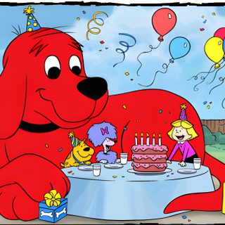 a cartoon dog sitting at a table with a birthday cake and balloons in the background Clifford Halloween Cartoon Themed Birthday Decorations, Clifford Birthday Celebration, Clifford The Big Red Dog Birthday Party, dark gray