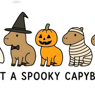 a group of animals wearing halloween costumes with the words just a spooky cavybra Capybara Halloween Halloween Capybara, Color, Capybara Halloween, Halloween Capybara Drawing, Halloween, white