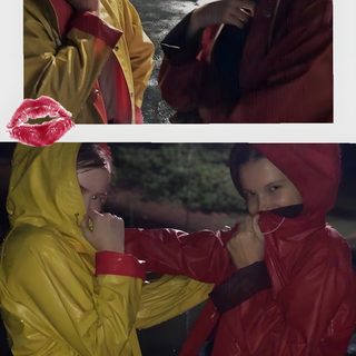 two women in raincoats standing next to each other and one is brushing her teeth Matching Stranger Things And Halloween Characters Max And Eleven Halloween Costume, Eleven And Max Halloween Costume, Eleven And Max Costume, dark olive green