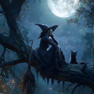 a witch sitting on a tree branch with her cat Halloween Witch Iphone Pictures Of Witches, Witchy Artwork, Witch Cat Art, Witch Pictures, dark slate gray