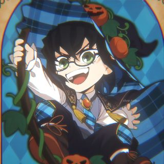 an anime character with green eyes and black hair, wearing a blue plaid shirt and holding a pumpkin in her hand Inosuke Halloween Inosuke Pumpkin, Demon Slayer Halloween Pictures, Demon Slayer Halloween Inosuke, dark slate gray