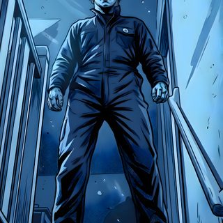 a man in overalls standing at the top of stairs Michael Myers Halloween Michael Myers Art, Scary Photos, Warrior Concept Art, Halloween Cute, midnight blue