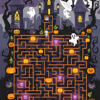 a halloween maze with pumpkins and ghost on it Halloween Maze Otomi Embroidery Playmat Halloween Maze Otomi Embroidery Playmat, Halloween Maze Drawing, Kids Halloween Maze, dark slate gray