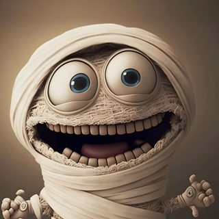 a cartoon character wrapped in bandages with eyes and mouth wide open, standing on the ground Halloween Mummies dark olive green