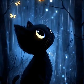 a black cat sitting in the rain with butterflies flying around it's head and eyes Halloween Cat Gif Good Night Cat, Cats Art Drawing, Cute Cat Illustration, Good Night Gif, Photo To Art, black