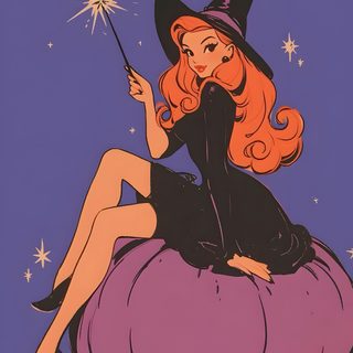 a woman sitting on top of a pumpkin wearing a witches hat and holding a wand Halloween Pinup Art Whimsical Art, Halloween Art, Image Halloween, Mystical Art, Comics Anime, dim gray