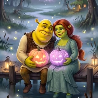 a painting of two people sitting on a bench with pumpkins in front of them Halloween Shrek dim gray