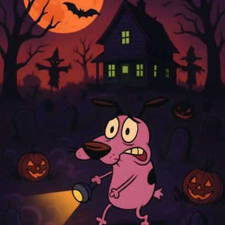 a cartoon character holding a flashlight in front of a house with pumpkins on the ground Cartoon Network Halloween Halloween Cartoon, Above And Beyond, Ghost, Sharon Stone, Halloween, black