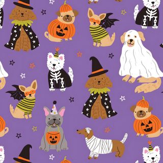 seamless halloween pattern with dogs in costumes and pumpkins on purple background for wallpaper Halloween Dog Background Halloween Pattern, Cute Halloween Illustration, Pusheen Cute, light slate gray