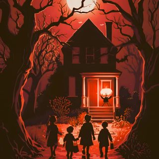 three children are walking towards a creepy house Large Scale Halloween Trick Or Treats Trick R Treat, Trick Or Treat, maroon