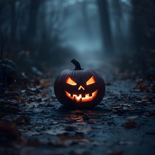 a jack o lantern in the middle of a forest Halloween Not Scary Spooky Images, Spooky Pumpkins, Pumpkin Halloween, dark slate gray
