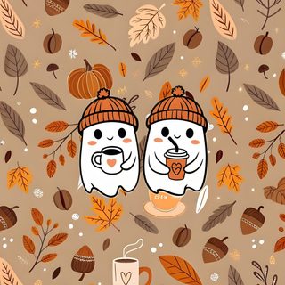 two bears are sitting in the middle of leaves and coffee mugs on a brown background Halloween Bff rosy brown