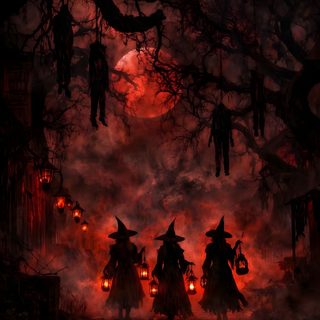 three witches walking through the woods at night with lanterns in their hands and full moon behind them Halloween Season Of The Witch Scary Witch Pictures, Dark Witch Background, Beautiful Architecture, black