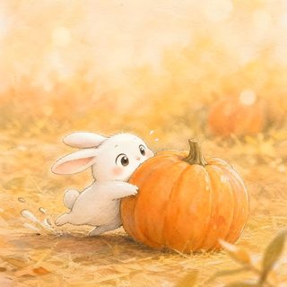 a painting of a white rabbit sitting next to a pumpkin Cute Bunny Halloween khaki