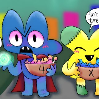 two cartoon characters one is holding a bowl and the other has a box with candy in it Bfdi Halloween Silly Images, Trick Or Treat, All About Time, Finding Yourself, dim gray