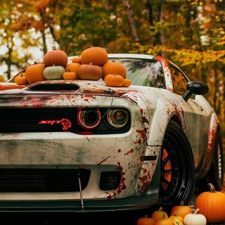 a white car with pumpkins on the hood parked in front of some trees and leaves Halloween Hellcat Dodge Srt Challenger, Muscle Cars Dodge, Mopar Cars, Dodge Muscle Cars, saddle brown