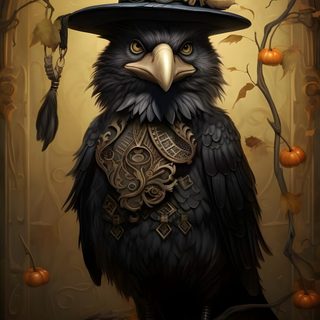 an owl wearing a top hat and sitting on pumpkins in front of a golden background Halloween Steampunk Gothic Crows Tattoo Art, Gothic Art With Crow, Gothic Crow, dark slate gray