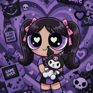 a cartoon character holding a cat on top of a purple background with skulls and hearts Halloween Purple Halloween Cute Kuromi Galaxy Iphone, Beautiful Dark Art, Galaxy, dark slate gray