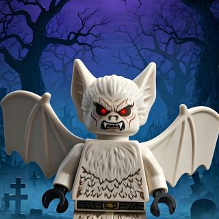 a lego figure with an evil look on his face and arms, standing in front of a cemetery at night Halloween Lego Digital Art Design, Lego Man Bat, Lego Universe, Lego Characters, Lego Worlds, dark slate gray