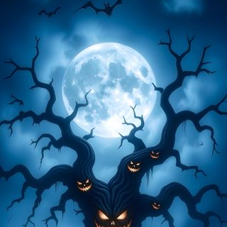 a creepy tree with pumpkins and bats in front of a full moon filled sky Halloween Tree Scary Halloween Backgrounds, midnight blue