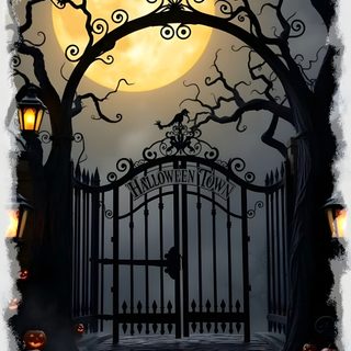 an image of a gate with pumpkins on it and the moon in the background Halloween Town Gate Nightmare Before Christmas, Nightmare Before Christmas Halloween, Spooky House, dim gray