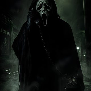 a man in a hooded costume with his mouth open and tongue out, standing on a foggy street at night Halloween Scary Scream black