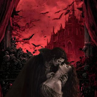 a couple kissing in front of a red moon with bats flying over them and the castle behind them Halloween Vampire black