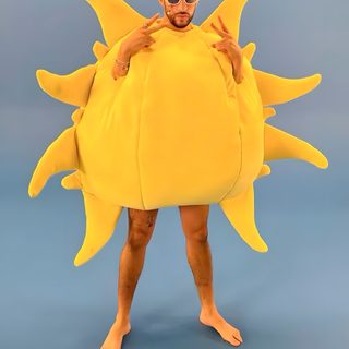 a man is dressed as a giant sun with sunglasses on his face and arms, standing in front of a blue background Bad Bunny Halloween Bad Bunny Iconic Looks, Bad Bunny 2022, Bad Bunny In Sun Costume, light slate gray