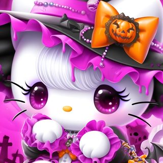 a cartoon cat wearing a witches hat and holding a pumpkin in front of a purple background Halloween With Hello Kitty In A Hat Of Hello Kitty Halloween, Cute Hello Kitty Halloween Gif, Hello Kitty Halloween Kawaii, medium orchid