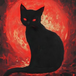 a painting of a black cat sitting in front of a red sun with swirls Halloween Fiery Felines-black Custom Scary Cat Art, Evil Black Cat, Evil Black Cat Drawing, dark slate gray