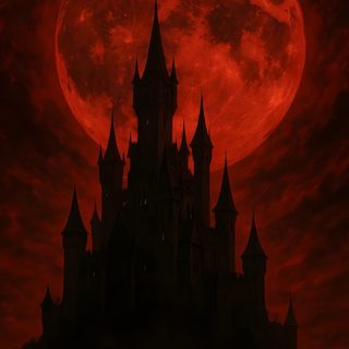 a red full moon is in the sky over a castle Burgundy Halloween Dark Red Fantasy Aesthetic, Red Kingdom, Evil Moon, Crimson Red Aesthetic, black