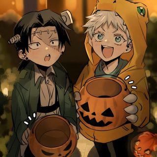 two children dressed up in costumes holding pumpkins Halloween Jjk Jujutsu, Jujutsu Kaisen Halloween, Jujutsu Kaisen Halloween Pfp, saddle brown