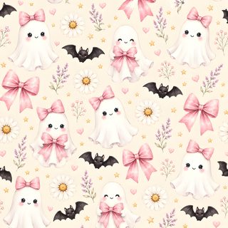 a pattern with bats, flowers and daisies on a light pink background that looks like ghostes Halloween Floral Custom old lace