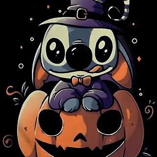 a cartoon character sitting on top of a pumpkin Stitch Halloween Halloween Iphone, Halloween, Halloween Iphone Backgrounds, Disney, Halloween Cute, black