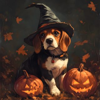 a painting of a dog wearing a witches hat and sitting next to two pumpkins Cute Beagle Halloween Dog With Pumpkin Painting, Beagle Pumpkin, Fall Dog Art With Pumpkin, dark slate gray