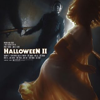 a movie poster for halloween ii with a woman in a dress and a man standing behind her Halloween Ii Mondo Posters, Halloween Franchise, Donald Pleasence, Halloween Film, Horror Movie Icons, black