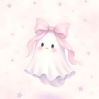 A cute watercolor illustration of a friendly floating ghost wearing a large pink ribbon bow, surrounded by soft pink pastel stars. Halloween Coquette Spooky Background, Fall Vibes, Mobile, Pastel Pink, Pink Bow, Art Images, seashell