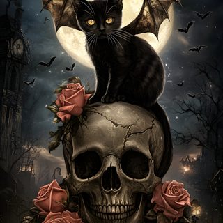 a black cat sitting on top of a skull in front of a full moon with roses Halloween Skull And Bat Katt Diy, Black Cat Diy, Chat Diy, Cat Stands, Cat Skull, Skull Artwork,