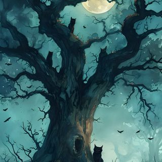 Spooky Tree Art, Witch And Cat Background, Mysterious Cat Background, Black Cat On Tree, Spooky Tree Scene Scary Fantasy, Spooky Tree Illustration, Cats In Tree At Night, Spooky Cats And Moons, Spooky Tree Painting Halloween Tree Spooky Tree Art, Witch And Cat Background, Mysterious Cat Background, dark slate gray