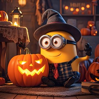 a minion dressed up as a witch with pumpkins in front of him and a lantern on the floor Minions Halloween Minion Halloween, Dispicable Me Halloween, Halloween, Minion Halloween Clipart, saddle brown