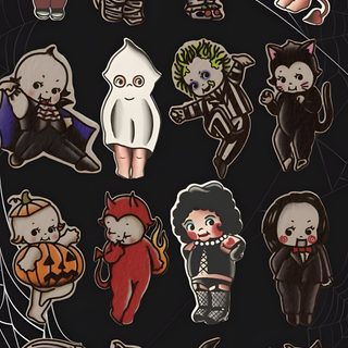 a bunch of stickers that are on top of a black surface with spider web Kewpie Halloween Vintage Halloween Art, Halloween Iphone Backgrounds, Spooky Tattoos, Witchy, black