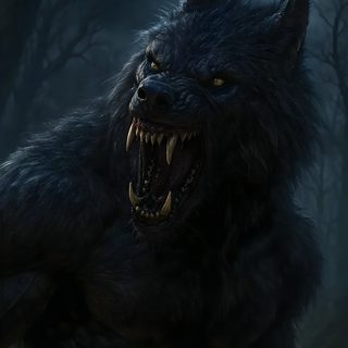 a large black wolf with its mouth open and teeth wide open in the dark forest Halloween Werewolf Vampire Beast Art, Bad Werewolf, Terrifying Beast, Werewolf Snarling, Werewolf Beast, black