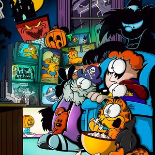 the cartoon characters are watching tv together Halloween Garfield Garfield Comic Halloween, Garfield Halloween Comics, Garfield And Friends Nighty Nightmare, dark slate gray